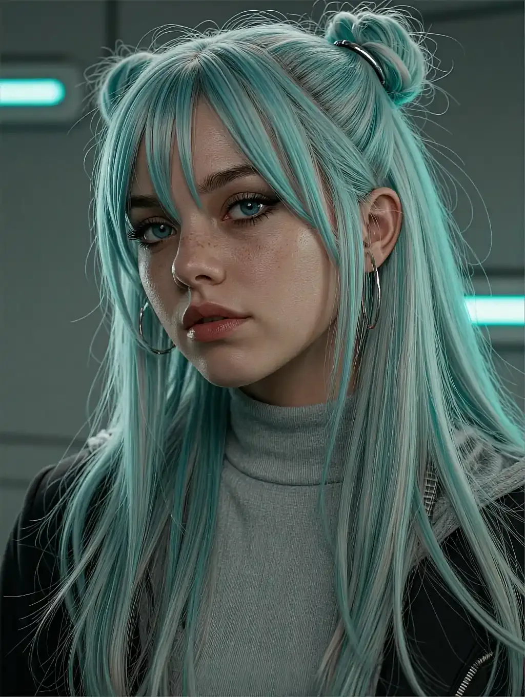 Fictional AI character featured on the second landing page, at a desk